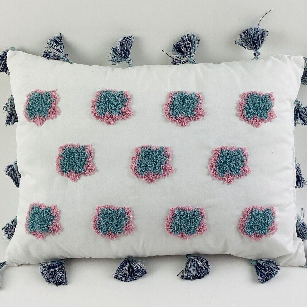 Small Rectangle Pillow Hook Loop Pink Blue Clouds w/ Tassels Fiber Art Girls Dot